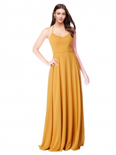 Açafrão Chiffon Linha A Decote V Longo Vestidos de Madrinha Outlet
