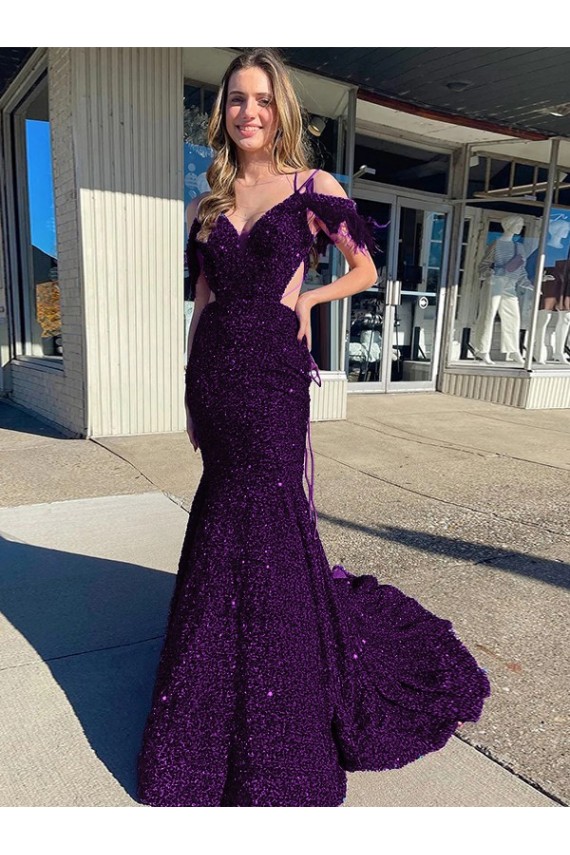 Ameixa Roxa Bainha Alças finas Comboio Corte Lantejoulas Veludo Longo Lantejoulas Veludo Vestidos de Festa Outlet
