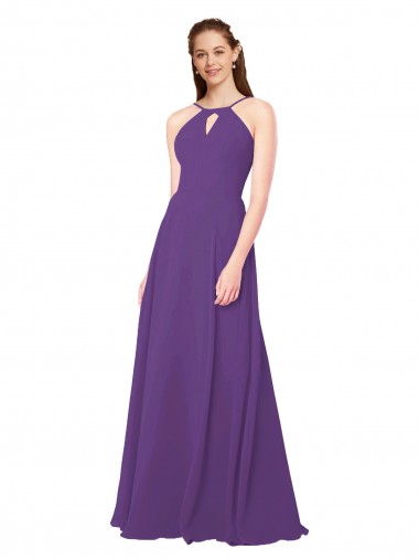 Ameixa Roxa Bainha Decote Alto Chiffon Longo Vestidos de Madrinha Outlet