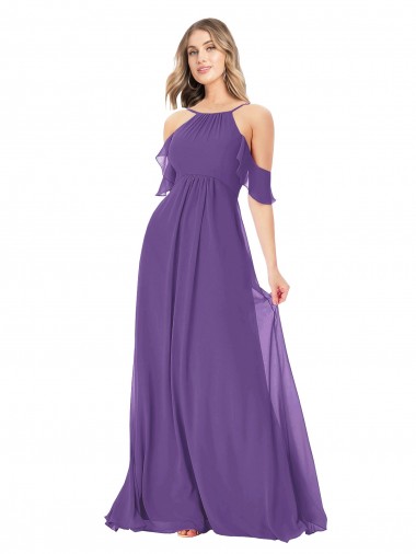 Ameixa Roxa Linha A Fora do Ombro Chiffon Longo Vestidos de Madrinha Outlet