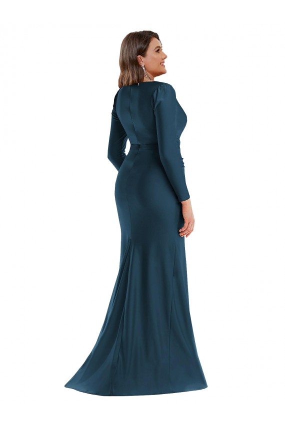Azul Atlântico Sereia Decote V Cetim Sedoso Longo Formais Vestidos de Madrinha / Vestidos de Festa Outlet