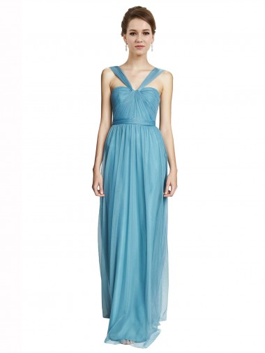 Azul Celeste Linha A Alças finas Tule Longo Vestidos de Madrinha Outlet