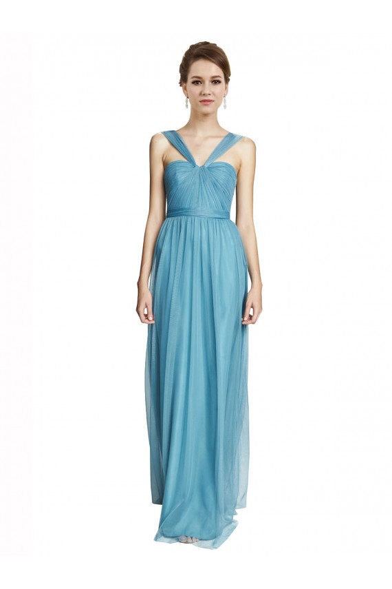 Azul Celeste Linha A Alças finas Tule Longo Vestidos de Madrinha Outlet