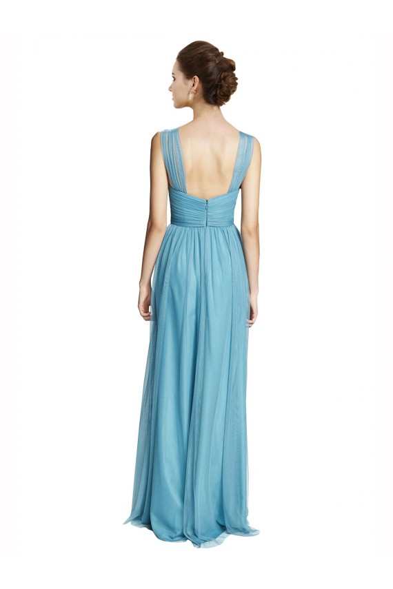 Azul Celeste Linha A Alças finas Tule Longo Vestidos de Madrinha Outlet
