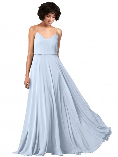 Azul Céu Claro Chiffon Linha A Lombar Decote V Longo Vestidos de Madrinha Outlet