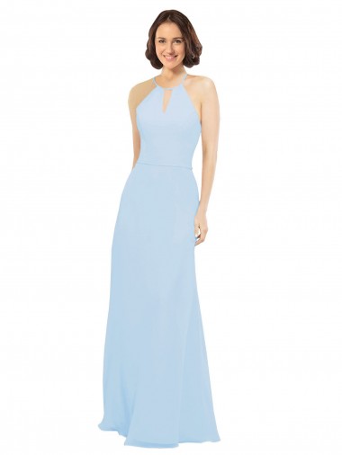 Azul Céu Claro Chiffon Linha A Sem Mangas Cabeçada Longo Vestidos de Madrinha Outlet