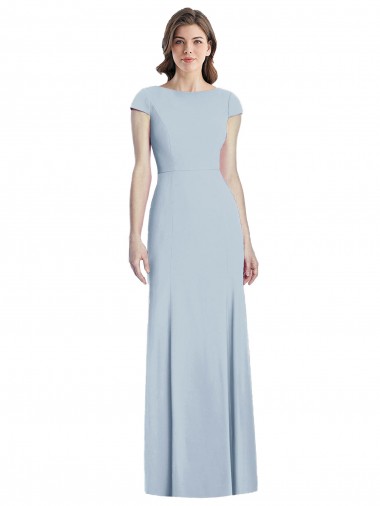 Azul Céu Claro Crepe Esticado Trombeta Abrir de volta Barco Longo Vestidos de Madrinha / Vestidos de Festa Outlet