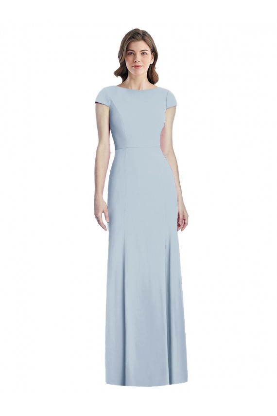 Azul Céu Claro Crepe Esticado Trombeta Abrir de volta Barco Longo Vestidos de Madrinha / Vestidos de Festa Outlet
