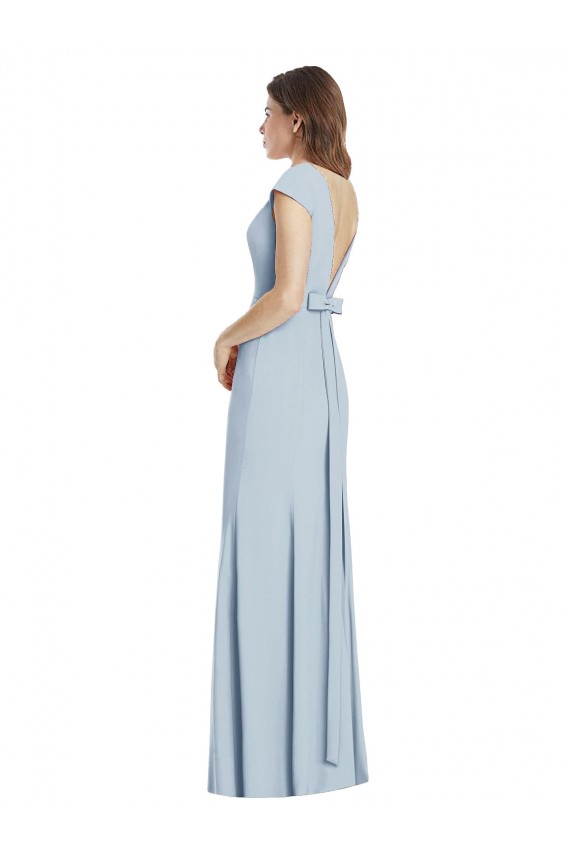 Azul Céu Claro Crepe Esticado Trombeta Abrir de volta Barco Longo Vestidos de Madrinha / Vestidos de Festa Outlet