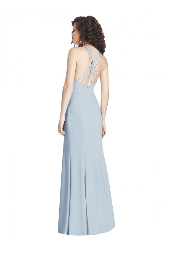 Azul Céu Claro Crepe Esticado Trombeta Criss Cruz Cabeçada Longo Vestidos de Madrinha / Vestidos de Festa Outlet