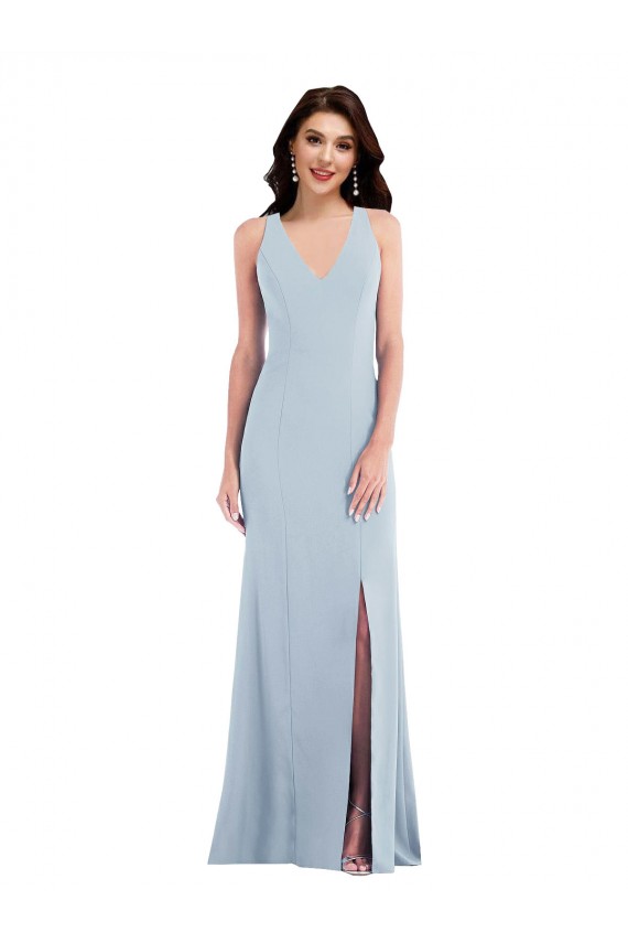 Azul Céu Claro Crepe Esticado Trombeta Criss Cruz Decote V Longo Vestidos de Madrinha / Vestidos de Festa Outlet