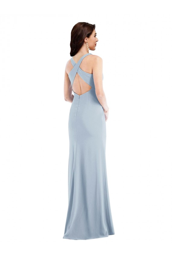 Azul Céu Claro Crepe Esticado Trombeta Criss Cruz Decote V Longo Vestidos de Madrinha / Vestidos de Festa Outlet