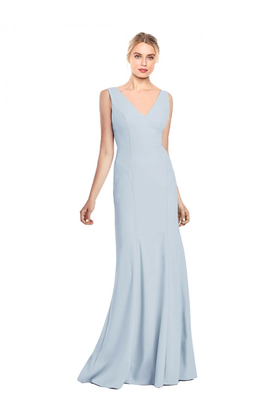 Azul Céu Claro Crepe Esticado Trombeta Lombar Decote V Longo Vestidos de Madrinha / Vestidos de Festa Outlet