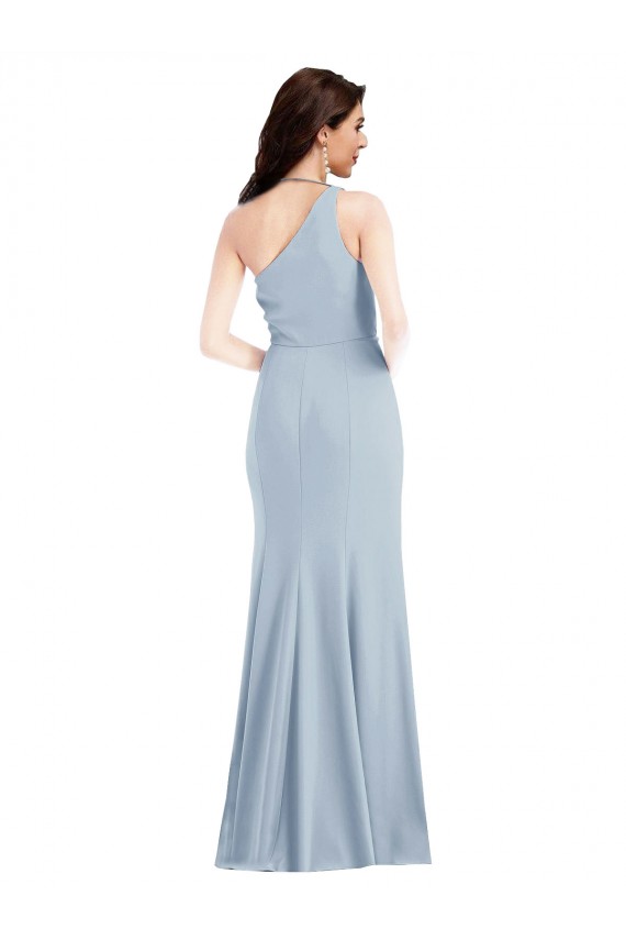 Azul Céu Claro Crepe Esticado Trombeta Sem Mangas Um Ombro Longo Vestidos de Madrinha / Vestidos de Festa Outlet