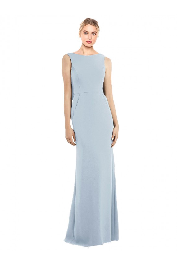 Azul Céu Claro Crepe Esticado Trombeta Sem encosto Barco Longo Vestidos de Madrinha / Vestidos de Festa Outlet