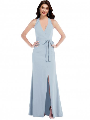 Azul Céu Claro Linha A Cabeçada Crepe Esticado Longo Formais Vestidos de Madrinha / Vestidos de Festa Outlet