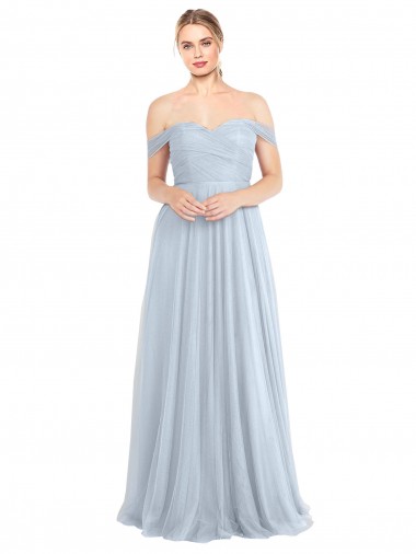 Azul Céu Claro Linha A Fora do Ombro Tule Longo Vestidos de Madrinha Outlet