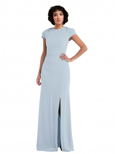 Azul Céu Claro Trombeta Decote Joia Crepe Esticado Longo Vestidos de Madrinha Outlet