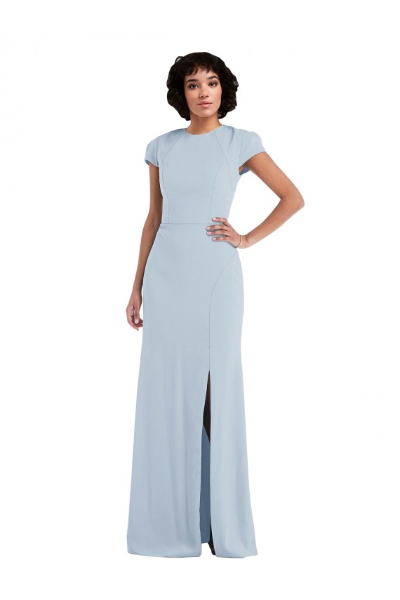 Azul Céu Claro Trombeta Decote Joia Crepe Esticado Longo Vestidos de Madrinha Outlet