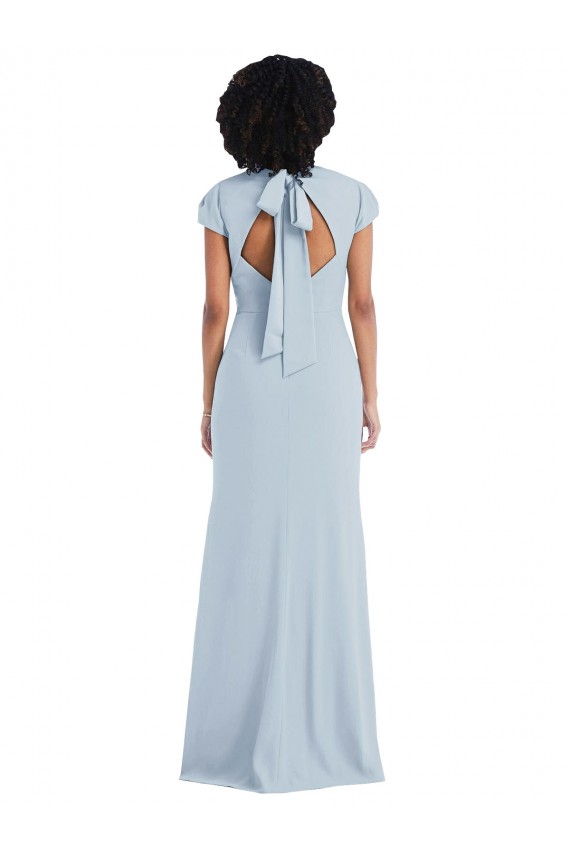 Azul Céu Claro Trombeta Decote Joia Crepe Esticado Longo Vestidos de Madrinha Outlet