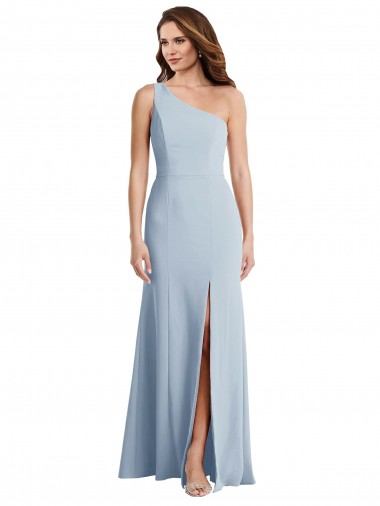 Azul Céu Claro Trombeta Um Ombro Crepe Esticado Longo Formais Vestidos de Madrinha / Vestidos de Festa Outlet