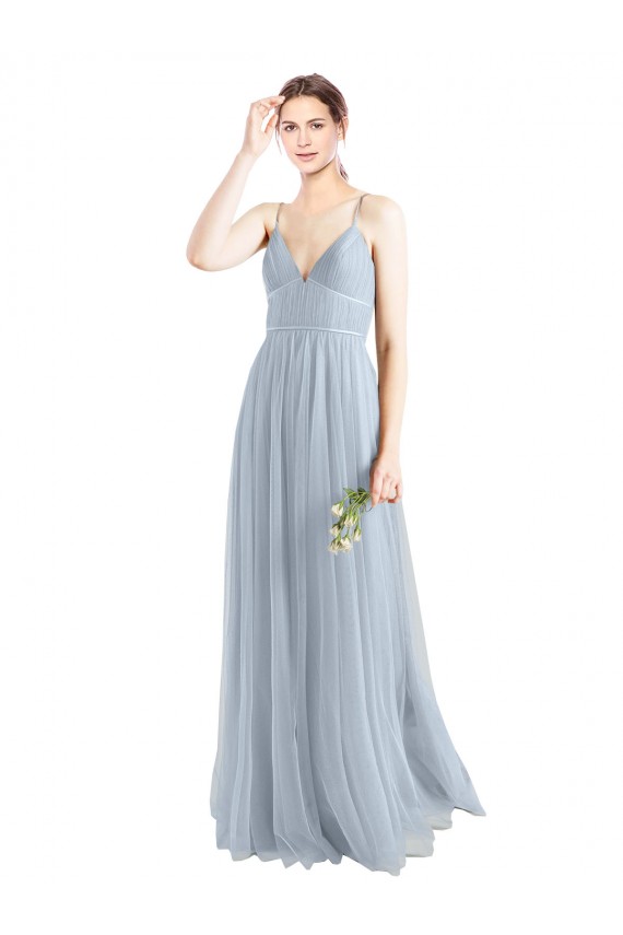 Azul Céu Claro Tule Linha A Abrir de volta Decote V Longo Vestidos de Madrinha Outlet