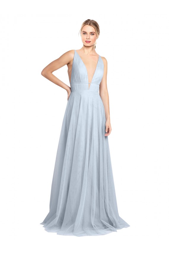 Azul Céu Claro Tule Linha A Costas em V Decote V Longo Vestidos de Madrinha Outlet
