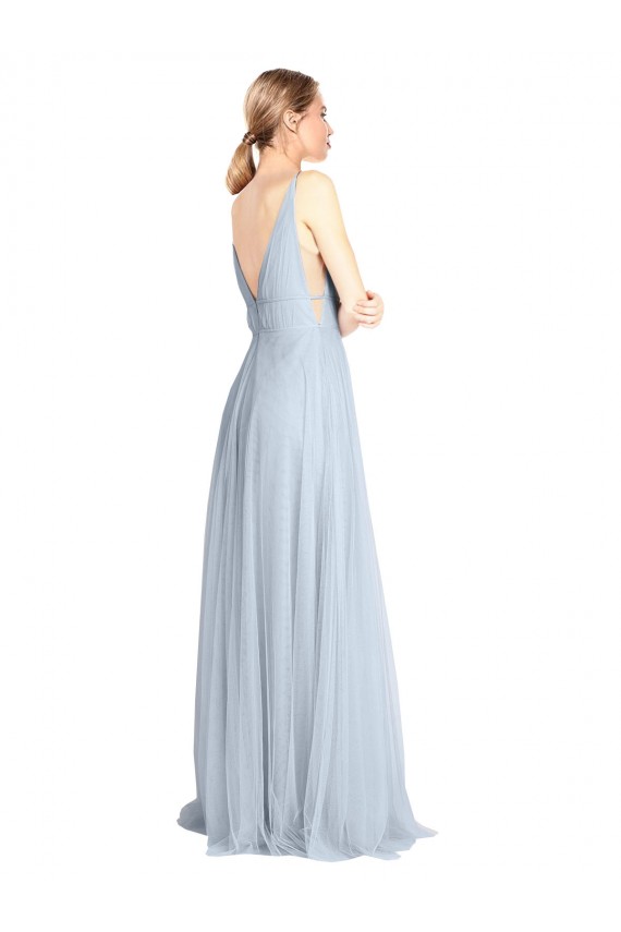 Azul Céu Claro Tule Linha A Costas em V Decote V Longo Vestidos de Madrinha Outlet