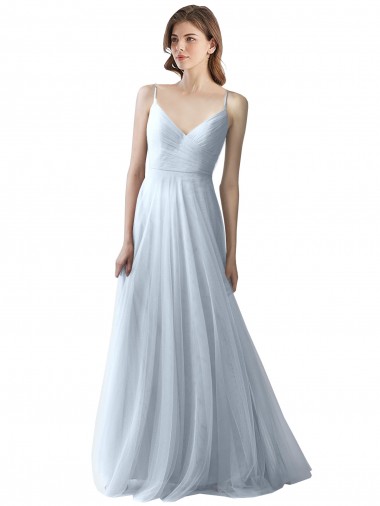 Azul Céu Claro Tule Linha A Decote V Longo Vestidos de Madrinha Outlet