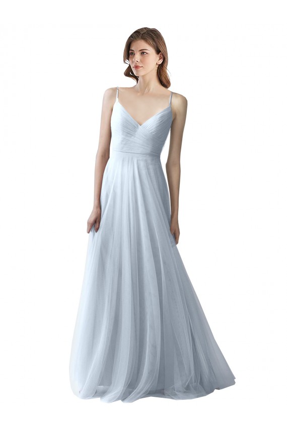 Azul Céu Claro Tule Linha A Decote V Longo Vestidos de Madrinha Outlet