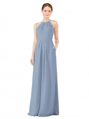 Azul Empoeirado Bainha Cabeçada Chiffon Longo Vestidos de Madrinha Outlet