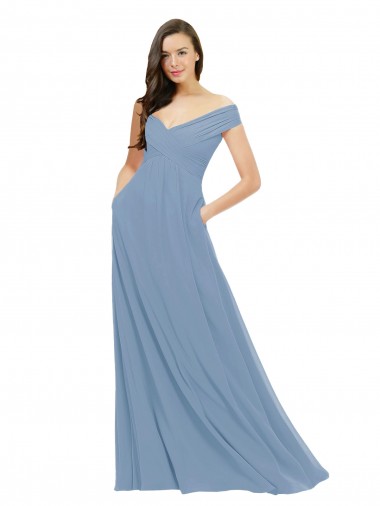 Azul Empoeirado Chiffon Linha A Fora do Ombro Longo Vestidos de Madrinha Outlet