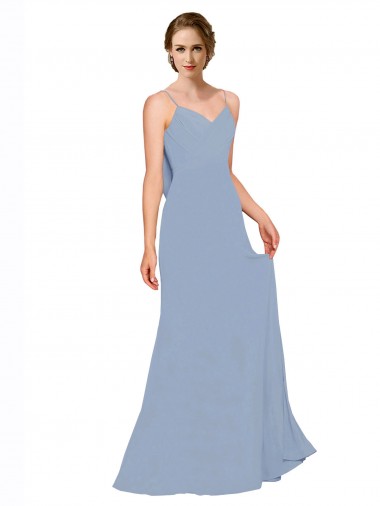 Azul Empoeirado Chiffon Linha A Sem Mangas Alças finas Longo Vestidos de Madrinha Outlet
