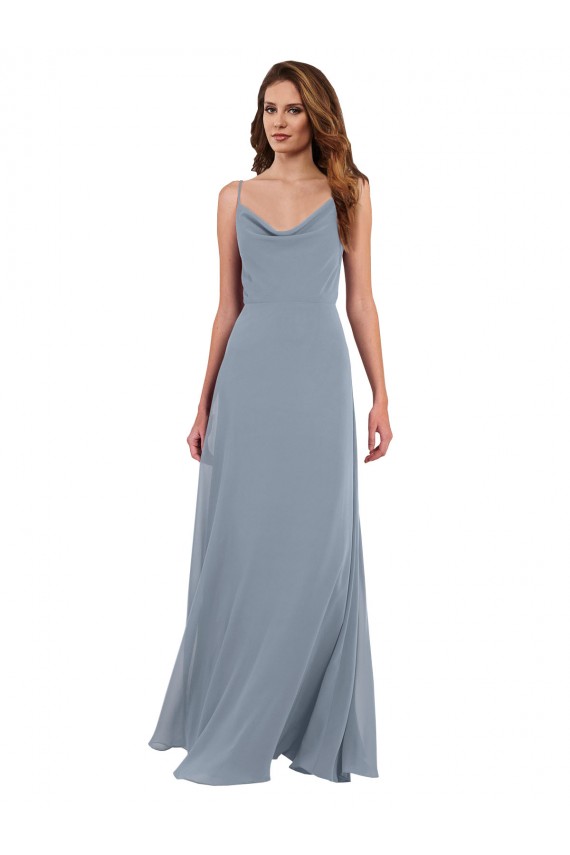Azul Empoeirado Chiffon Linha A Sem Mangas Decote Capuz Longo Vestidos de Madrinha Outlet