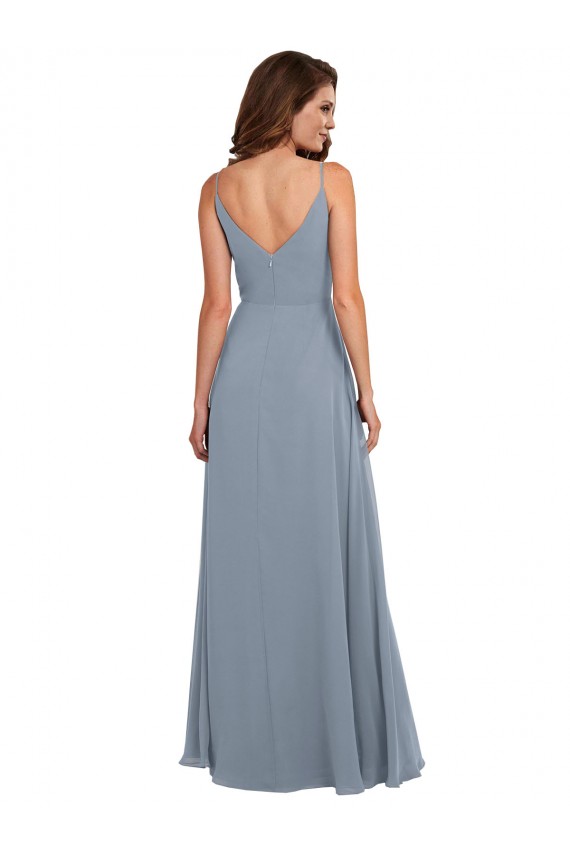 Azul Empoeirado Chiffon Linha A Sem Mangas Decote Capuz Longo Vestidos de Madrinha Outlet