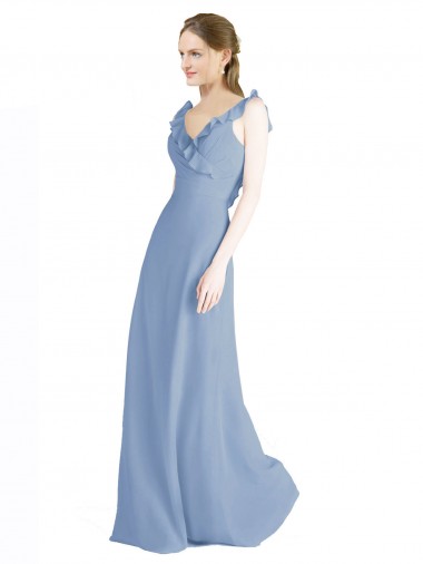 Azul Empoeirado Chiffon Linha A Sem Mangas Decote V Abrir de volta Longo Vestidos de Madrinha Outlet