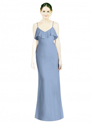Azul Empoeirado Chiffon Linha A Sem Mangas Decote V Abrir de volta Longo Vestidos de Madrinha / Vestidos de Baile Outlet