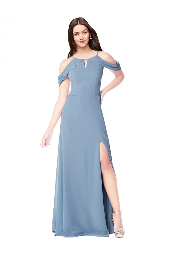 Azul Empoeirado Chiffon Linha A Sem Mangas Fora do Ombro Longo Vestidos de Madrinha Outlet