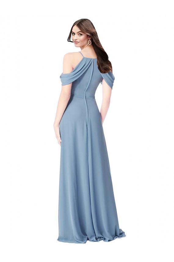 Azul Empoeirado Chiffon Linha A Sem Mangas Fora do Ombro Longo Vestidos de Madrinha Outlet