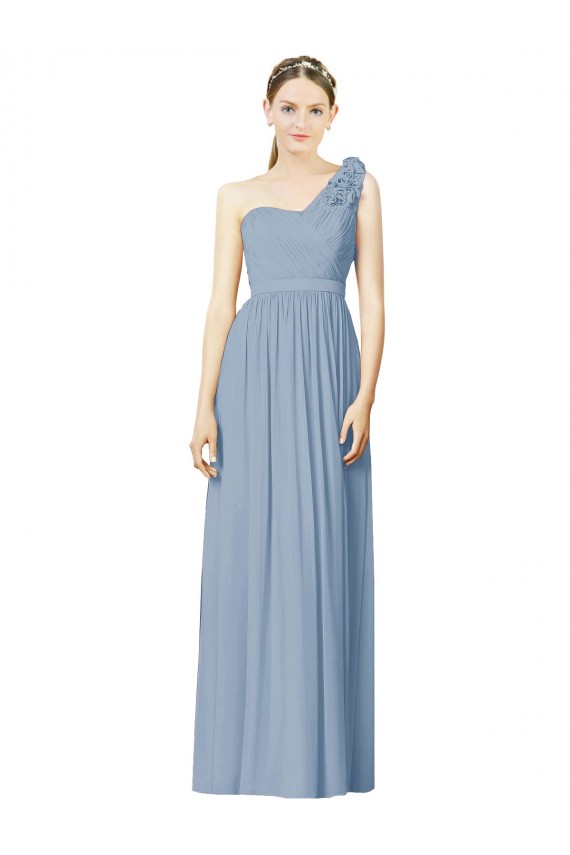 Azul Empoeirado Chiffon Linha A Sem Mangas Um Ombro Longo Vestidos de Madrinha Outlet