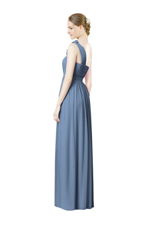 Azul Empoeirado Chiffon Linha A Sem Mangas Um Ombro Longo Vestidos de Madrinha Outlet