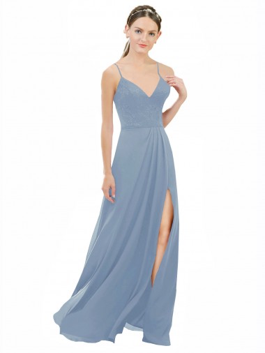 Azul Empoeirado Linha A Alças finas Chiffon & Renda Longo Vestidos de Madrinha Outlet