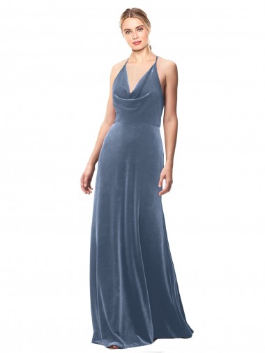 Azul Empoeirado Linha A Alças finas Veludo Elástico Longo Vestidos de Madrinha / Vestidos de Festa Outlet