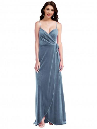 Azul Empoeirado Linha A Amor Veludo Elástico Longo Vestidos de Madrinha / Vestidos de Festa Outlet