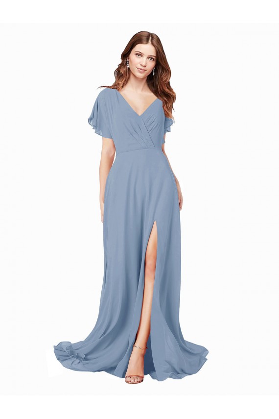 Azul Empoeirado Linha A Decote V Chiffon Longo Vestidos de Madrinha / Vestidos de Festa Outlet