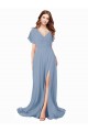 Azul Empoeirado Linha A Decote V Chiffon Longo Vestidos de Madrinha / Vestidos de Festa Outlet