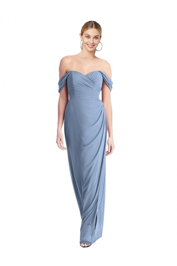 Azul Empoeirado Sereia Fora do Ombro Chiffon Longo Vestidos de Madrinha Outlet
