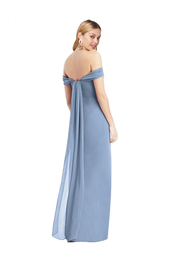 Azul Empoeirado Sereia Fora do Ombro Chiffon Longo Vestidos de Madrinha Outlet