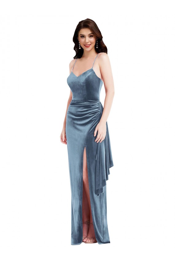 Azul Empoeirado Trombeta Alças finas Veludo Elástico Longo Formais Vestidos de Madrinha / Vestidos de Festa Outlet