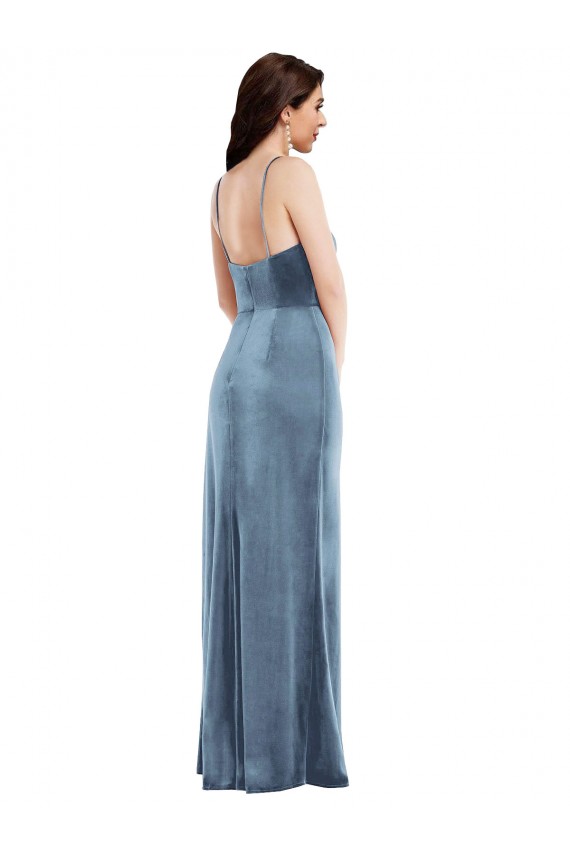 Azul Empoeirado Trombeta Alças finas Veludo Elástico Longo Formais Vestidos de Madrinha / Vestidos de Festa Outlet
